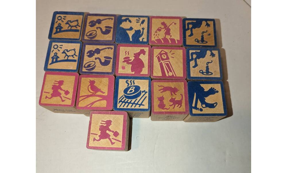 Vintage Lot 16 Mother Goose Nursery Rhyme Large Wooden Blocks Like New